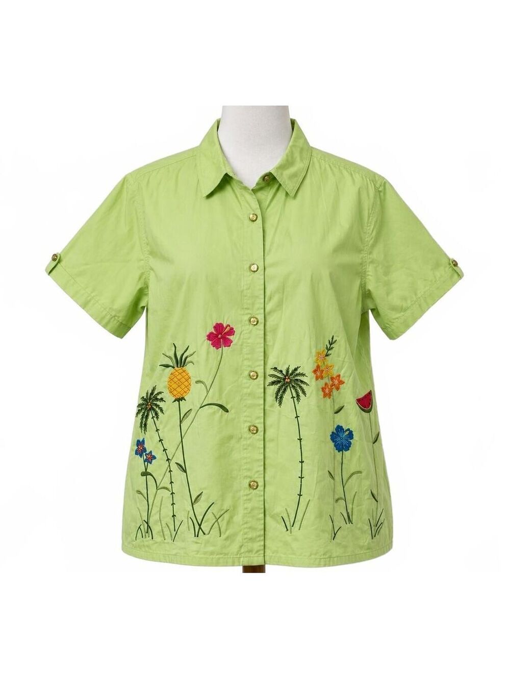 Bobbie Brooks Woman's Green Cotton Button-Up Shirt Tropical Embroidery 18W/20W